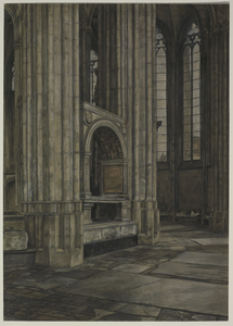 28927 Interieur van de Domkerk te Utrecht: de kooromgang gezien uit het zuidoosten, met het grafmonument van bisschop ...